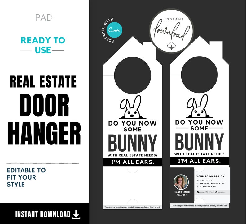 Op de afbeelding: Een printbare makelaarsdeurhanger met een konijn dat uit een gat kijkt met de tekst "Do you now some bunny? With real estate needs? I'm all ears." De deurhanger is bewerkbaar en bevat ruimte voor een visitekaartje van een makelaar.