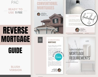 May include: A digital guide with the title "Reverse Mortgage Guide" in large black letters on a blush pink background. The guide is ready to use and is an 11-page document. Other pages discuss conventional mortgages.