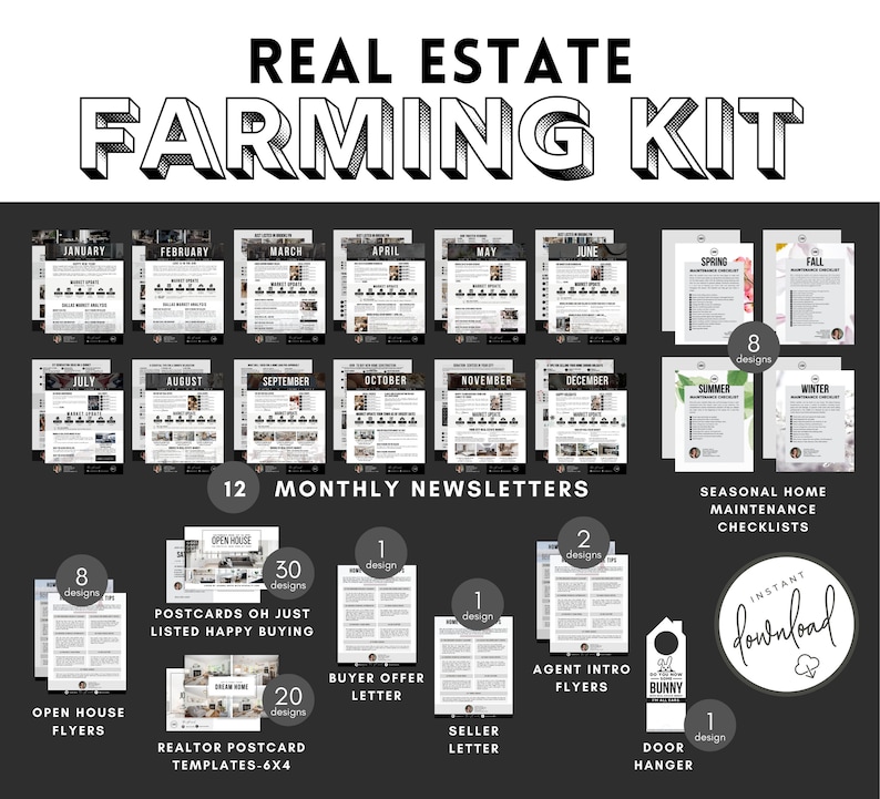 Op de afbeelding: Een digitale marketingkit voor makelaars. De kit bevat 12 maandelijkse nieuwsbrieven, 8 open huis flyers, 30 ansichtkaarten, 20 makelaars-ansichtkaarten, 1 koopaanbiedingbrief, 2 agenten-introductieflyers, 1 deurhanger, 8 seizoensgebonden huisonderhoud-checklists en een knop voor directe download.