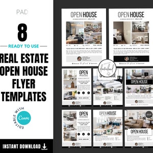 Op de afbeelding: Acht zwart-witte open huis-flyer sjablonen voor onroerend goed met een fotocollage van een huisinterieur. De tekst "OPEN HOUSE" staat in een vetgedrukte, sans-serif lettertype. De flyers zijn ontworpen om te worden gebruikt met Canva.