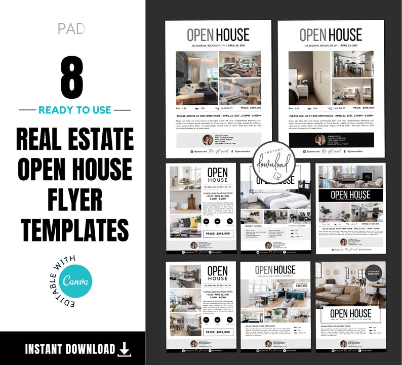 Op de afbeelding: Acht zwart-witte open huis-flyer sjablonen voor onroerend goed met een fotocollage van een huisinterieur. De tekst "OPEN HOUSE" staat in een vetgedrukte, sans-serif lettertype. De flyers zijn ontworpen om te worden gebruikt met Canva.
