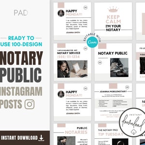 Blush Chic Colors 100 Notary Public INSTAGRAM Posts | Editable CANVA Templates | Notary Branding Marketing Bestseller Social Media Bundle