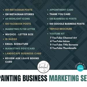 May include: A green and white graphic with the text "Painting Business Marketing Set" and a list of marketing materials for a painting business, including social media posts, flyers, brochures, and YouTube videos. The graphic also includes the text "Instant Download" and "Editable with Canva".
