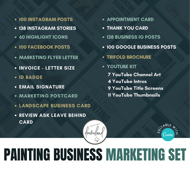 May include: A green and white graphic with the text "Painting Business Marketing Set" and a list of marketing materials for a painting business, including social media posts, flyers, brochures, and YouTube videos. The graphic also includes the text "Instant Download" and "Editable with Canva".