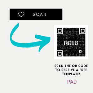 Op de afbeelding: Scan de QR-code om een gratis sjabloon te ontvangen. De QR-code is zwart-wit met het woord "FREEBIES" in het midden. De tekst onder de QR-code luidt "SCAN THE QR CODE TO RECEIVE A FREE TEMPLATE!" en is in zwarte tekst op een witte achtergrond. De tekst "PAD" is in paarse tekst op een witte achtergrond.