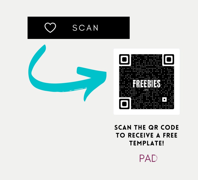 Op de afbeelding: Scan de QR-code om een gratis sjabloon te ontvangen. De QR-code is zwart-wit met het woord "FREEBIES" in het midden. De tekst onder de QR-code luidt "SCAN THE QR CODE TO RECEIVE A FREE TEMPLATE!" en is in zwarte tekst op een witte achtergrond. De tekst "PAD" is in paarse tekst op een witte achtergrond.