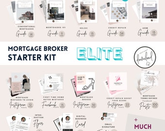May include: A pink and blue graphic design kit for mortgage brokers. The kit includes social media posts, guides, a business card, a flyer, and an email signature template. The text "ELITE" is featured in a large font.