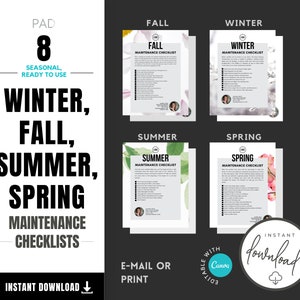 Op de afbeelding: Printbare checklistset voor huishoudelijke onderhoudswerkzaamheden, georganiseerd per seizoen. Bevat checklists voor winter, herfst, zomer en lente. De checklists zijn bewerkbaar en kunnen worden afgedrukt of per e-mail worden verzonden. De afbeelding toont een set van vier checklists met bloemige achtergronden.