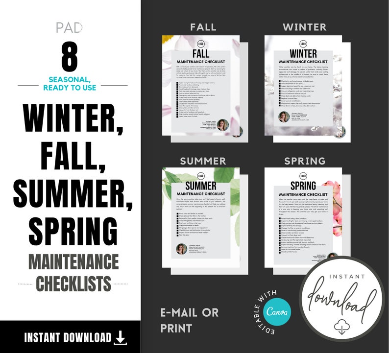 Op de afbeelding: Printbare checklistset voor huishoudelijke onderhoudswerkzaamheden, georganiseerd per seizoen. Bevat checklists voor winter, herfst, zomer en lente. De checklists zijn bewerkbaar en kunnen worden afgedrukt of per e-mail worden verzonden. De afbeelding toont een set van vier checklists met bloemige achtergronden.