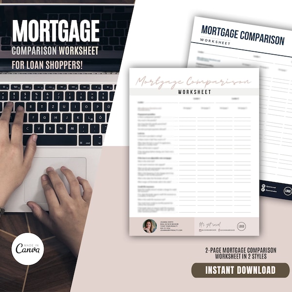 Real Estate Mortgage Comparison Worksheet | Realtor Marketing | Canva Template | Mortgage Worksheet | Real Estate Tools | Mortgage Shopping