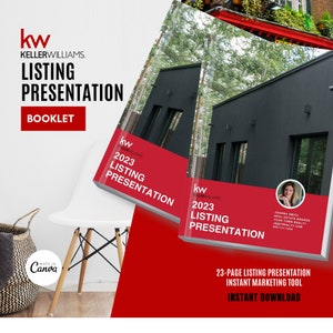 May include: A red and white brochure with the text "kw KELLERWILLIAMS. LISTING PRESENTATION BOOKLET" and a photo of a modern black house. The brochure is titled "2023 LISTING PRESENTATION" and has a photo of a woman with the text "JOANNA SMITH REAL ESTATE BROKER YOUR TOWN REALTY JYREALTY.COM 505-111-1234". The brochure also has the text "23-PAGE LISTING PRESENTATION INSTANT MARKETING TOOL INSTANT DOWNLOAD".