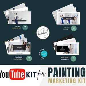 May include: A YouTube marketing kit for painting businesses, featuring 7 channel art designs, 4 intro videos, 9 title screen templates, and 11 thumbnail designs. The kit is editable with Canva and includes the text "Instant Download".