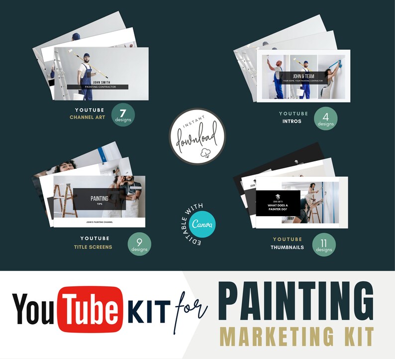 May include: A YouTube marketing kit for painting businesses, featuring 7 channel art designs, 4 intro videos, 9 title screen templates, and 11 thumbnail designs. The kit is editable with Canva and includes the text "Instant Download".