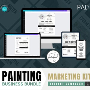 May include: A digital marketing kit for painting businesses. The kit includes a business card, invoice, thank you card, and a "Great to Meet You" flyer. The kit is available for instant download.