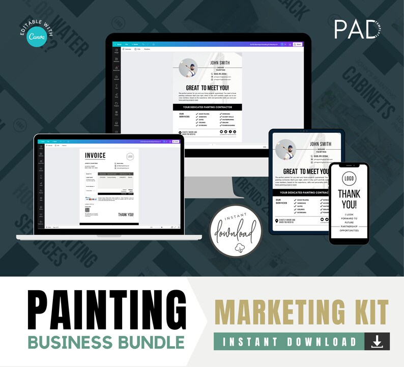 May include: A digital marketing kit for painting businesses. The kit includes a business card, invoice, thank you card, and a "Great to Meet You" flyer. The kit is available for instant download.