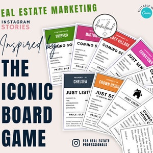 May include: A set of colorful cards with a Monopoly-inspired design for real estate marketing. The cards feature different properties in various New York City neighborhoods, including Tribeca, Chelsea, Crown Heights, and Chinatown. Each card includes details like property ID, type, neighborhood, bedrooms, bathrooms, and price.