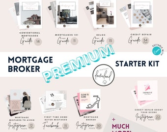 May include: A pink and blue graphic design for a mortgage broker starter kit. The kit includes guides on conventional mortgages, mortgages 101, HELOC, and credit repair. The kit also includes social media posts for Instagram and Facebook.