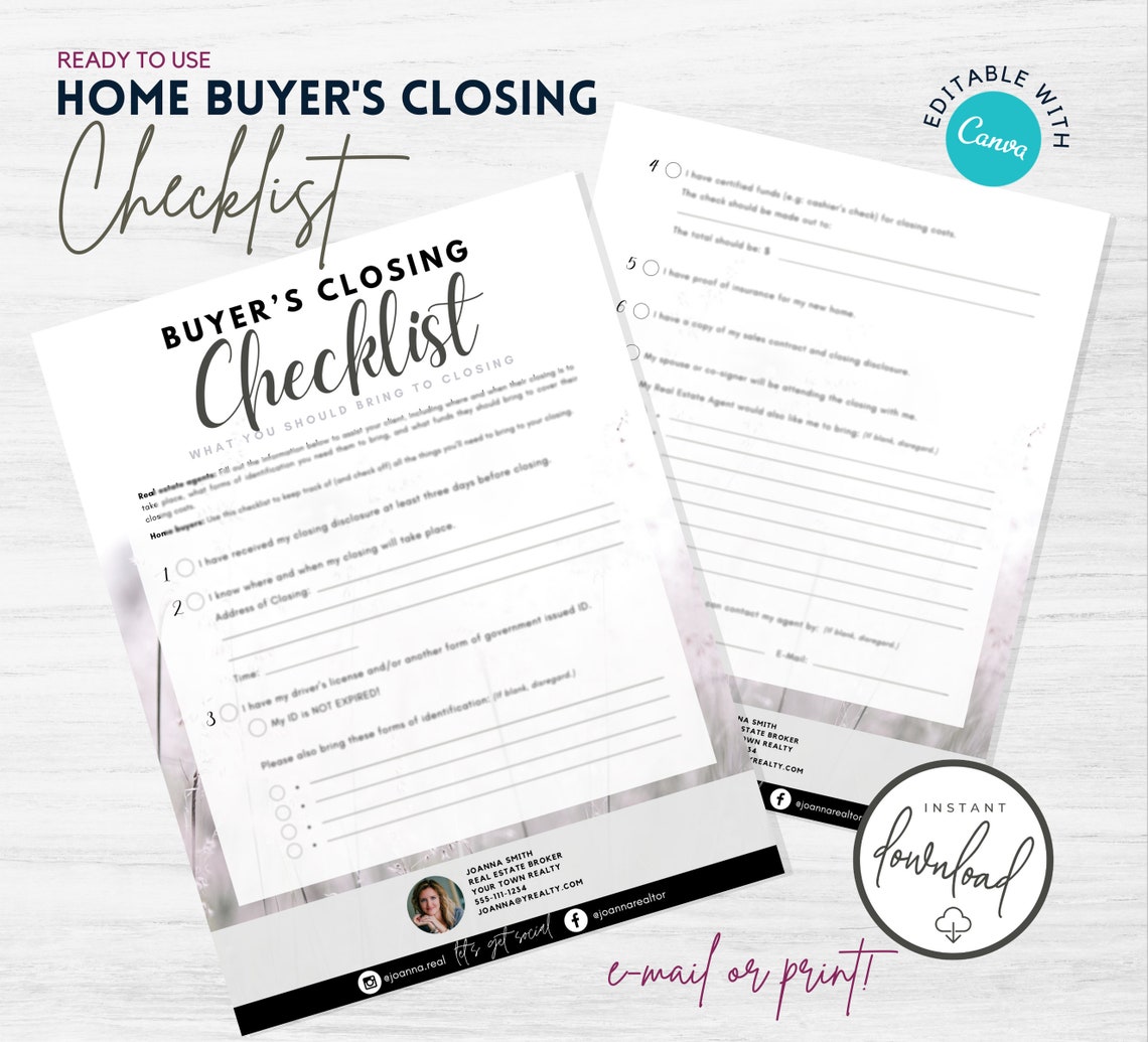Real Estate Buyer Closing Checklist for Realtors Home Buyer Real Estate Tools Printable PDF