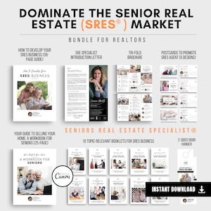 Könnte beinhalten: Ein digitales Marketing-Paket für Immobilienmakler, die sich auf Seniorenimmobilien spezialisiert haben. Das Paket beinhaltet einen Leitfaden zur Entwicklung eines SRES-Geschäfts, ein Arbeitsbuch für den Verkauf von Häusern an Senioren, ein Spezialisten-Einführungsschreiben, eine dreifach gefaltete Broschüre, Postkarten zur Werbung für einen SRES-Agenten und 10 themenrelevante Broschüren für SRES-Unternehmen.