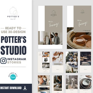 May include: A set of 30 Instagram story templates for a pottery studio. The templates feature a variety of images, including pottery, a potter's wheel, and a person working on a piece of pottery. The templates are editable with Canva and include the text "Potter's Studio" and "Ready to Use 30-Design".