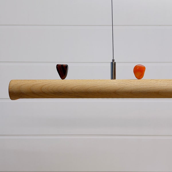 Wooden linear suspension pendant ceiling LED lamp with natural polished chakra semi precious stones