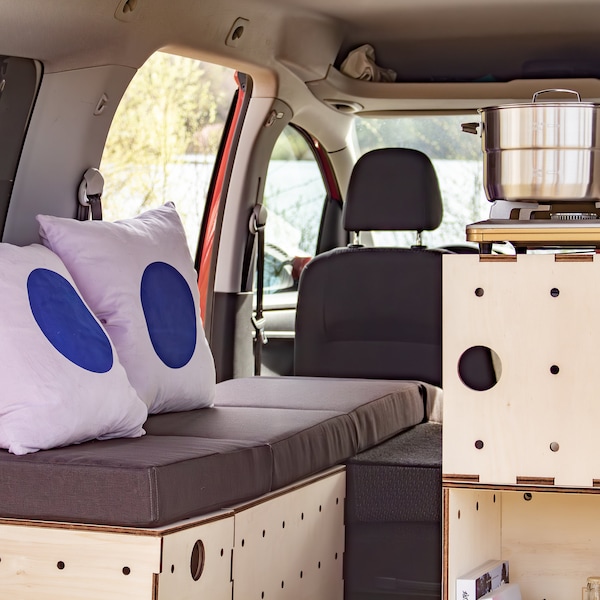 Modulares Campingset für VW Caddy | Flexible Kiubiq Boxen aus Massivholz Birke Multiplex Natur | Bett + Küche + Außenküche + Sideboard
