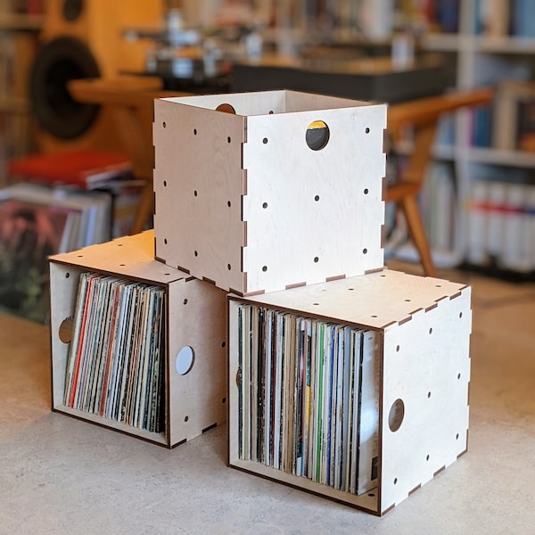 Boîte à disques et étagère modulable en bois de bouleau | Boîte de transport et étagère cubique modulaire en un | pour votre collection LP