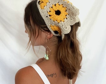 Crochet Sunflower Bandana, Crochet Hair Scarf