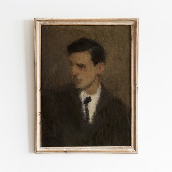 Man Portrait | Vintage Moody Oil Painting | Dark Haired Male Suit and Tie | Brown Decor | Printable Download | 85