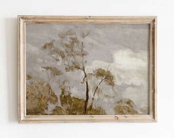 Tree Tops | Vintage Neutral Nature Art | Hillside Landscape Oil Painting | Digital Download | 556