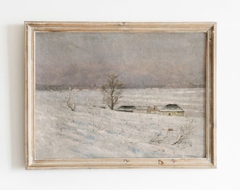 Country Winter | Vintage Homestead Landscape Painting | Winter Snowy Farmhouse Decor | Digital Download | 347