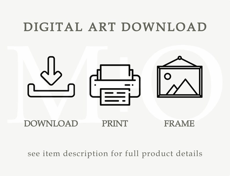 K&ouml;nnte beinhalten: Symbol-Set f&uuml;r digitalen Kunstdownload. Ein Download-Symbol, ein Druckersymbol und ein Bilderrahmen-Symbol. Der Text "DIGITAL ART DOWNLOAD" befindet sich oben im Bild. Der Text "DOWNLOAD", "PRINT" und "FRAME" befindet sich unter den Symbolen. Der Text "siehe Artikelbeschreibung f&uuml;r alle Produktdetails" befindet sich unten im Bild.