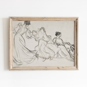 Vrouwenschets | Vintage zwart-witte aquarel | Lijntekening | Dansjurken voor dames Kunst | Afdrukbare kunst | DIGITALE DOWNLOAD | 146