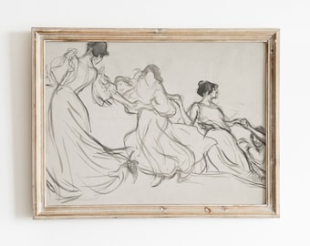 Women Sketch | Vintage Black and White Watercolor | Line Drawing | Ladies Dancing Dresses Art | Printable Art | DIGITAL DOWNLOAD | 146