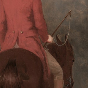 May include: A close-up of a person riding a brown horse. The person is wearing a red jacket and brown trousers. The horse has a bridle and a bit. The person is holding a riding crop.