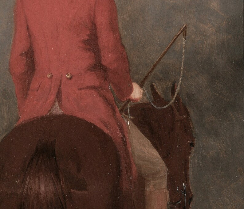 May include: A close-up of a person riding a brown horse. The person is wearing a red jacket and brown trousers. The horse has a bridle and a bit. The person is holding a riding crop.
