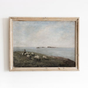 Sheep by the Sea | Vintage Coastal Landscape Painting | Shepherd and Flock | Digital Download | 685