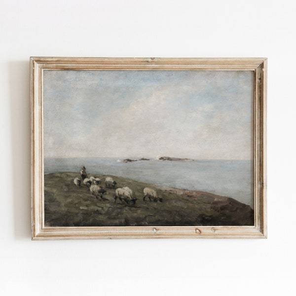 Schaf am Meer | Vintage Küstenlandschaft Malerei | Hirte und Herde | Digitaler Download | 685