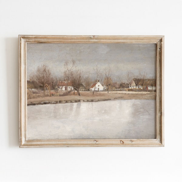 Frozen Pond | Vintage Village in Winter | Holiday Season Art | Frozen Landscape | Digital Download | 387