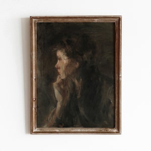 Contemplation Portrait | Moody Side Profile | Vintage Oil Painting | Profile Artwork | Neutral Brown Decor | DIGITAL DOWNLOAD | 79