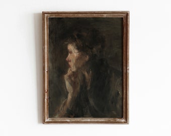 Contemplation Portrait | Moody Side Profile | Vintage Oil Painting | Profile Artwork | Neutral Brown Decor | DIGITAL DOWNLOAD | 79