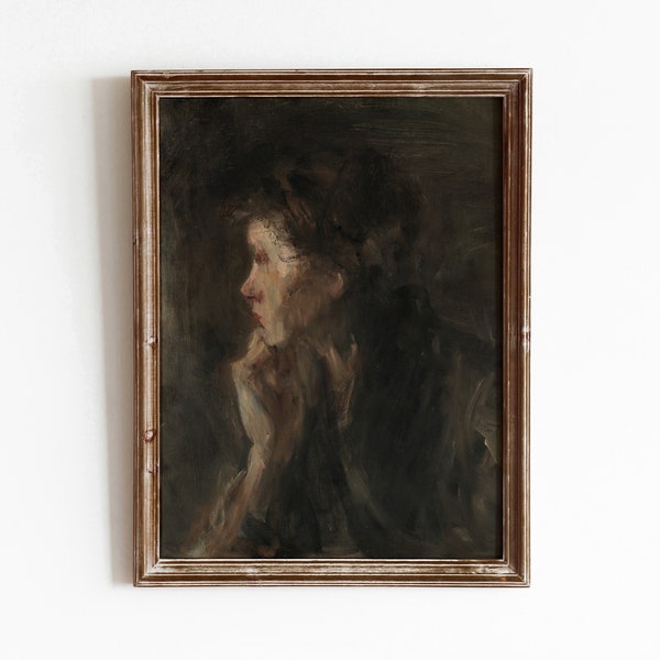 Contemplation Portrait | Vintage Moody Side Profile | Portraiture Oil Painting Artwork | Neutral Brown Decor | DIGITAL DOWNLOAD | 79