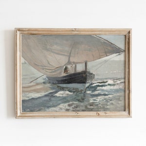 May include: A framed painting of a sailboat with a white sail, sailing on a blue and white sea. The boat is dark blue and white and has a person on board.