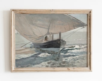 Boat at Shore | Vintage Nautical Art | Beached Sailboat Painting | Digital Download | 485