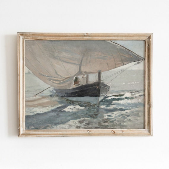 Boat at Shore | Vintage Nautical Art | Beached Sailboat Painting | Digital Download | 485