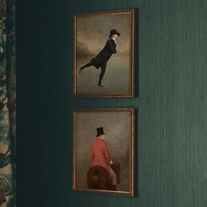 Gentlemen in Top Hats Set | Vintage Set of 2 Portrait Paintings | Skating Horseback Riding Art | Digital Download | 390 image 2