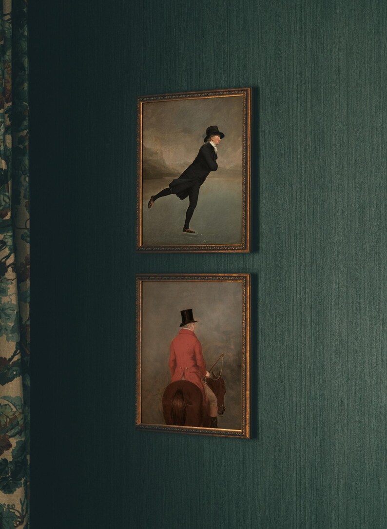 Gentlemen in Top Hats Set | Vintage Set of 2 Portrait Paintings | Skating Horseback Riding Art | Digital Download | 390 image 2