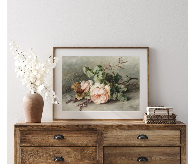 May include: A vintage style print of a pink rose bouquet with green leaves and stems on a light gray background.