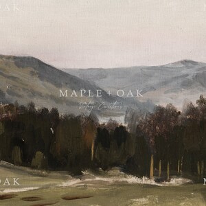 May include: A painting of a misty forest landscape with rolling hills in the background. The trees are a dark green and brown, and the sky is a light blue. The painting has a vintage feel.