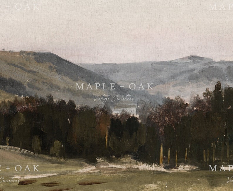 May include: A painting of a misty forest landscape with rolling hills in the background. The trees are a dark green and brown, and the sky is a light blue. The painting has a vintage feel.